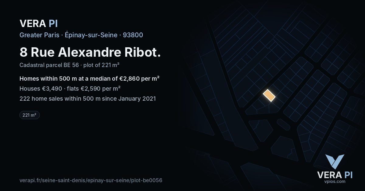 8 Rue Alexandre Ribot, Épinay-sur-Seine at night – the plot lit, the parcels around coloured by the prices near them