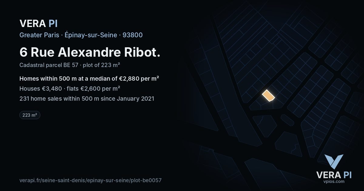 6 Rue Alexandre Ribot, Épinay-sur-Seine at night – the plot lit, the parcels around coloured by the prices near them