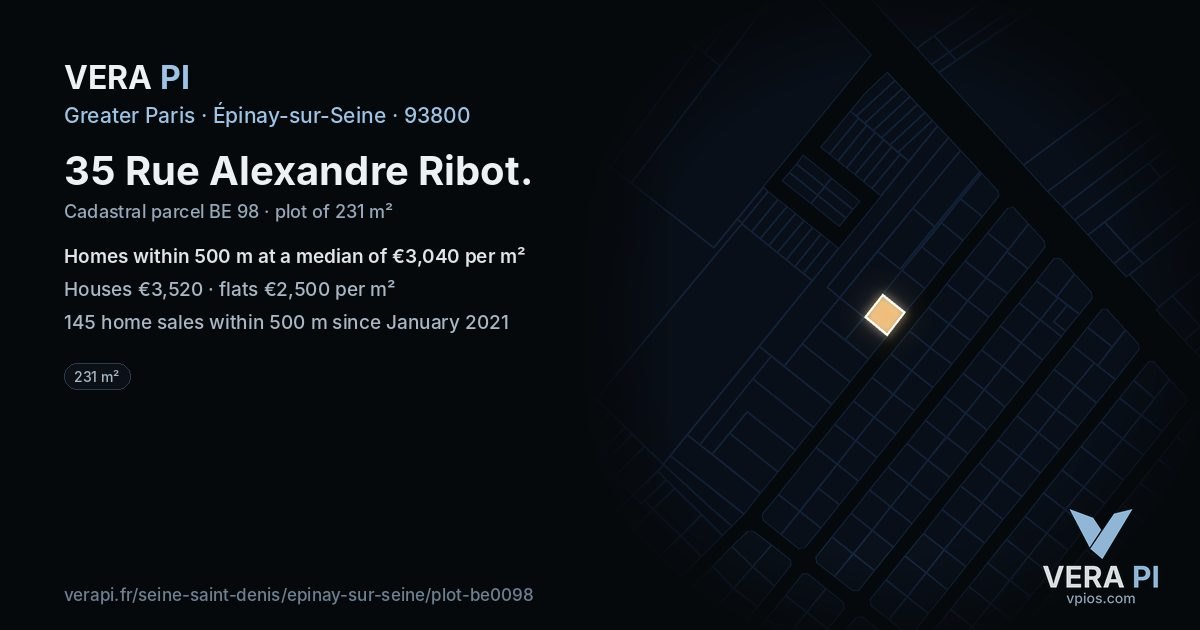 35 Rue Alexandre Ribot, Épinay-sur-Seine at night – the plot lit, the parcels around coloured by the prices near them