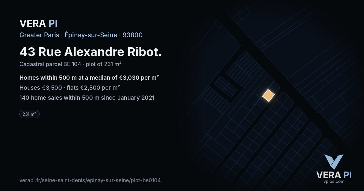 43 Rue Alexandre Ribot, Épinay-sur-Seine at night – the plot lit, the parcels around coloured by the prices near them