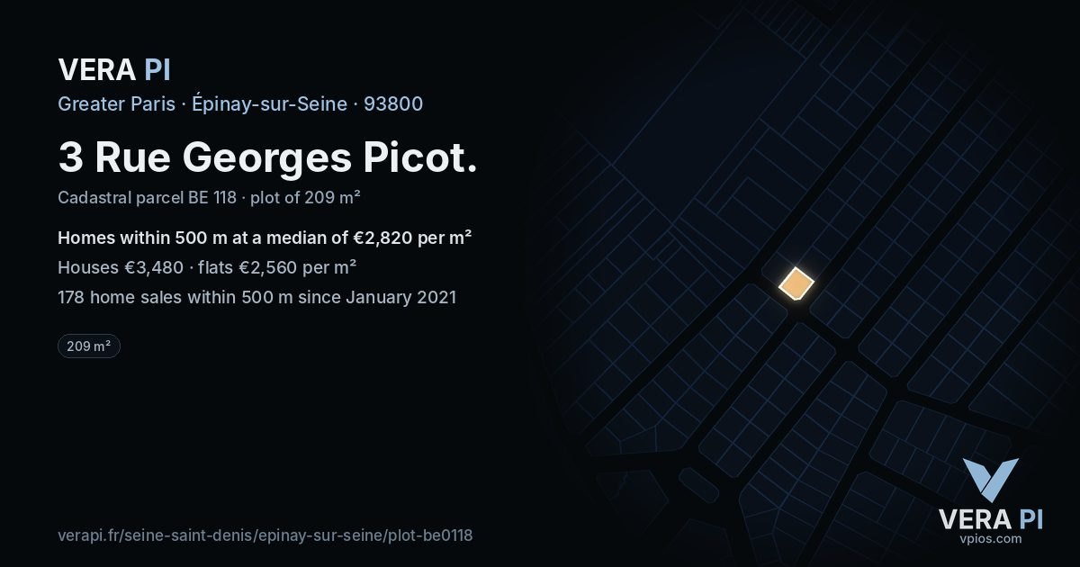 3 Rue Georges Picot, Épinay-sur-Seine at night – the plot lit, the parcels around coloured by the prices near them