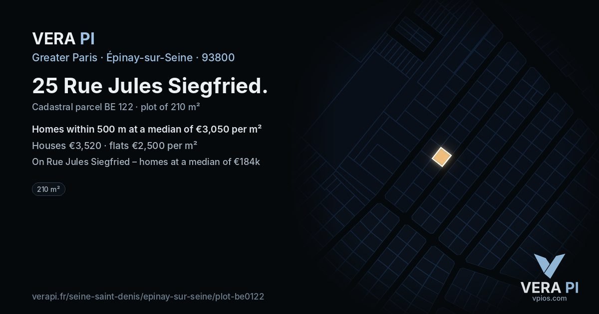25 Rue Jules Siegfried, Épinay-sur-Seine at night – the plot lit, the parcels around coloured by the prices near them