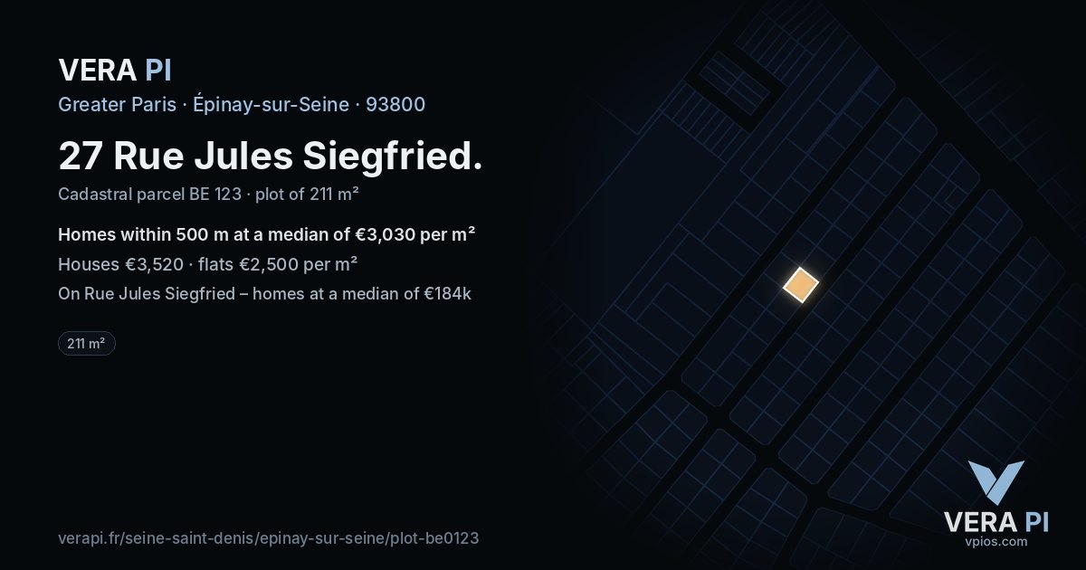 27 Rue Jules Siegfried, Épinay-sur-Seine at night – the plot lit, the parcels around coloured by the prices near them