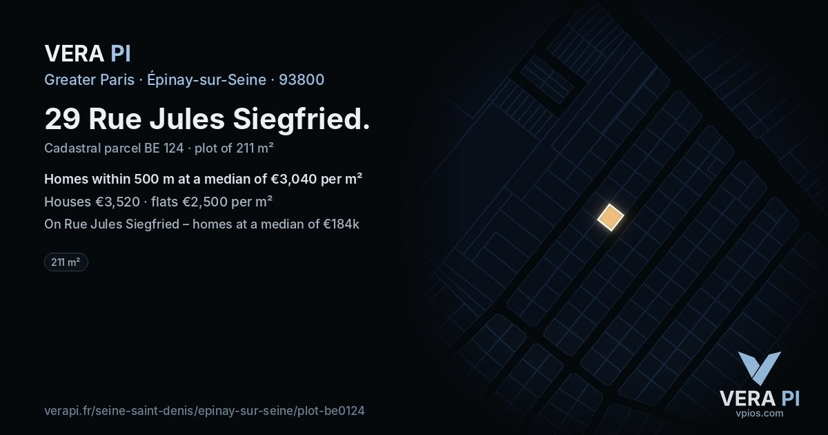 29 Rue Jules Siegfried, Épinay-sur-Seine at night – the plot lit, the parcels around coloured by the prices near them