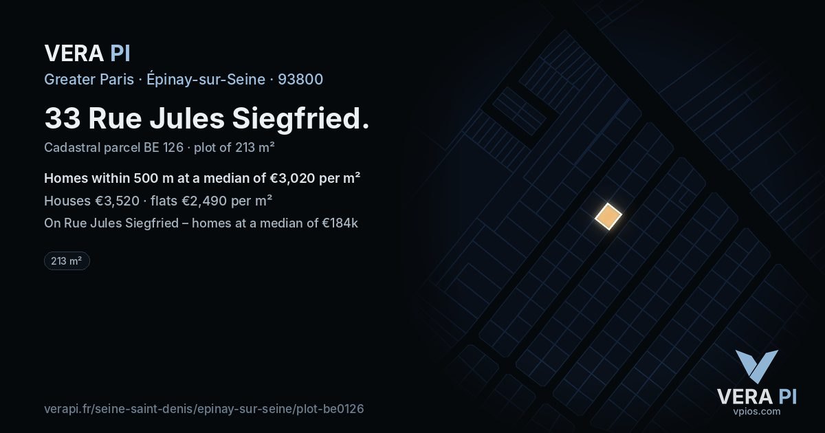 33 Rue Jules Siegfried, Épinay-sur-Seine at night – the plot lit, the parcels around coloured by the prices near them