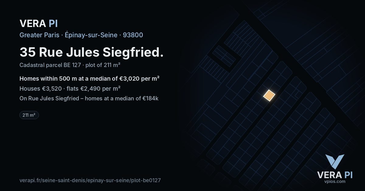 35 Rue Jules Siegfried, Épinay-sur-Seine at night – the plot lit, the parcels around coloured by the prices near them