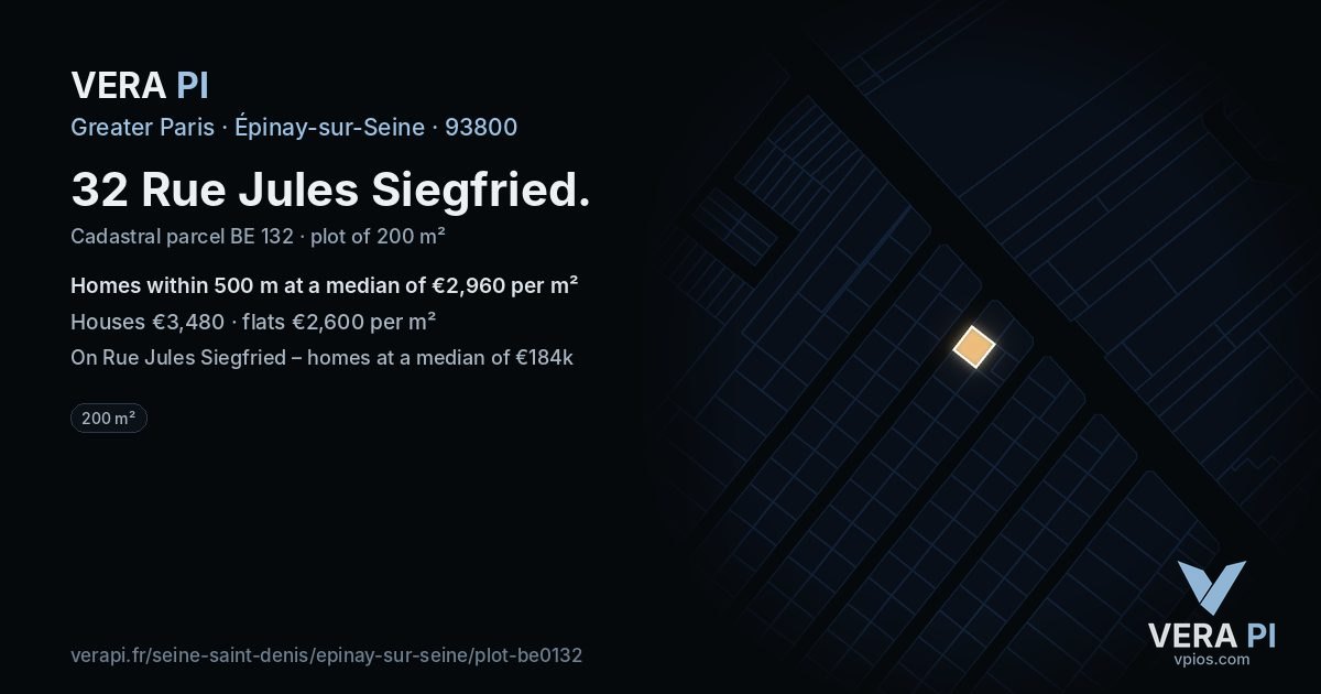 32 Rue Jules Siegfried, Épinay-sur-Seine at night – the plot lit, the parcels around coloured by the prices near them