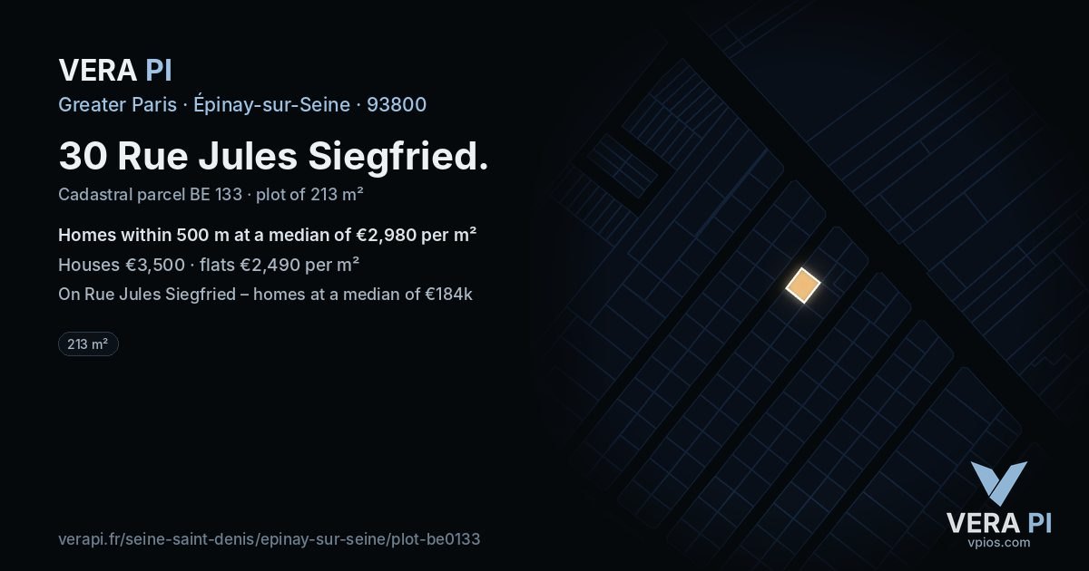 30 Rue Jules Siegfried, Épinay-sur-Seine at night – the plot lit, the parcels around coloured by the prices near them