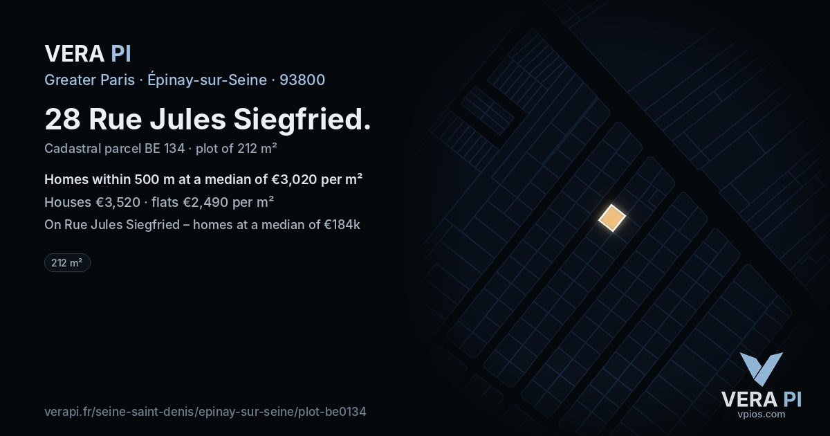 28 Rue Jules Siegfried, Épinay-sur-Seine at night – the plot lit, the parcels around coloured by the prices near them