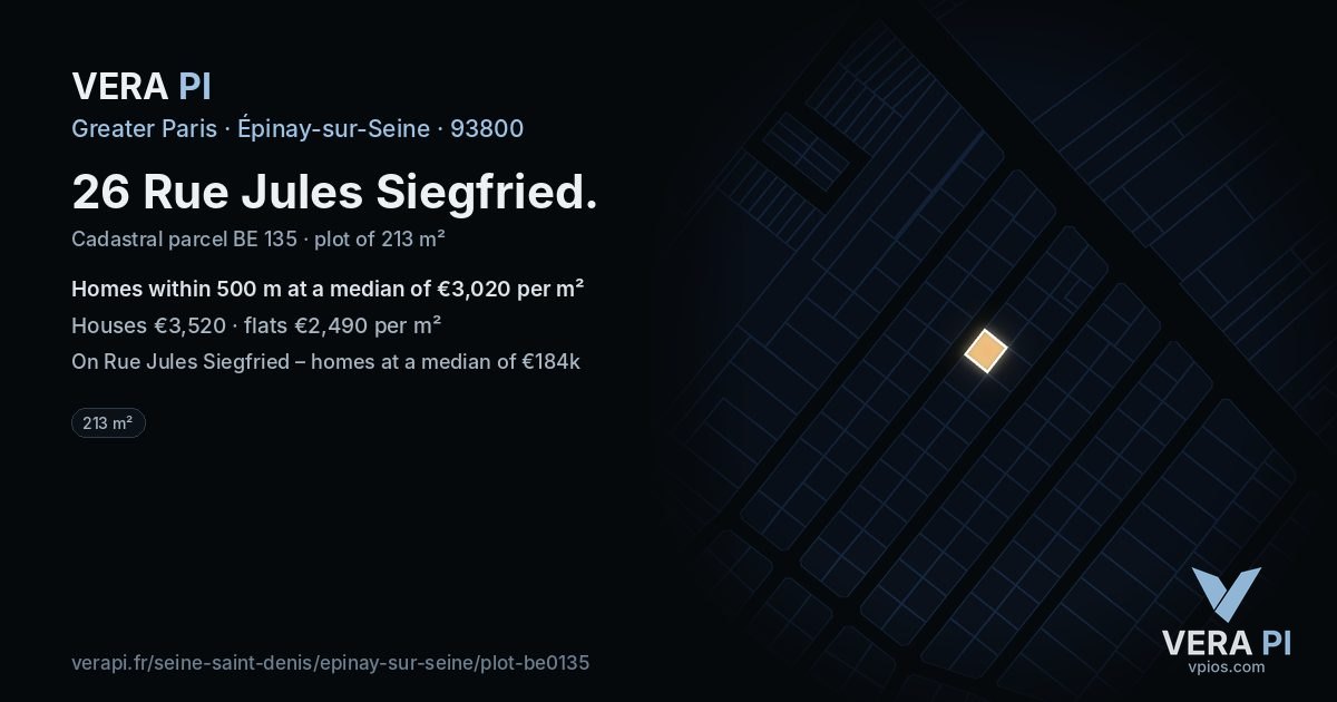 26 Rue Jules Siegfried, Épinay-sur-Seine at night – the plot lit, the parcels around coloured by the prices near them