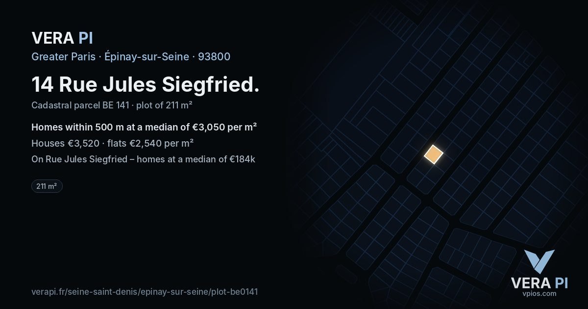 14 Rue Jules Siegfried, Épinay-sur-Seine at night – the plot lit, the parcels around coloured by the prices near them