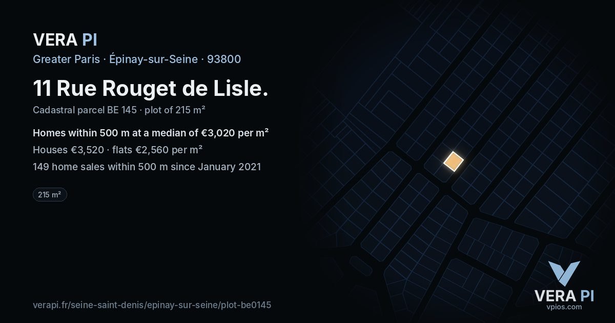 11 Rue Rouget de Lisle, Épinay-sur-Seine at night – the plot lit, the parcels around coloured by the prices near them