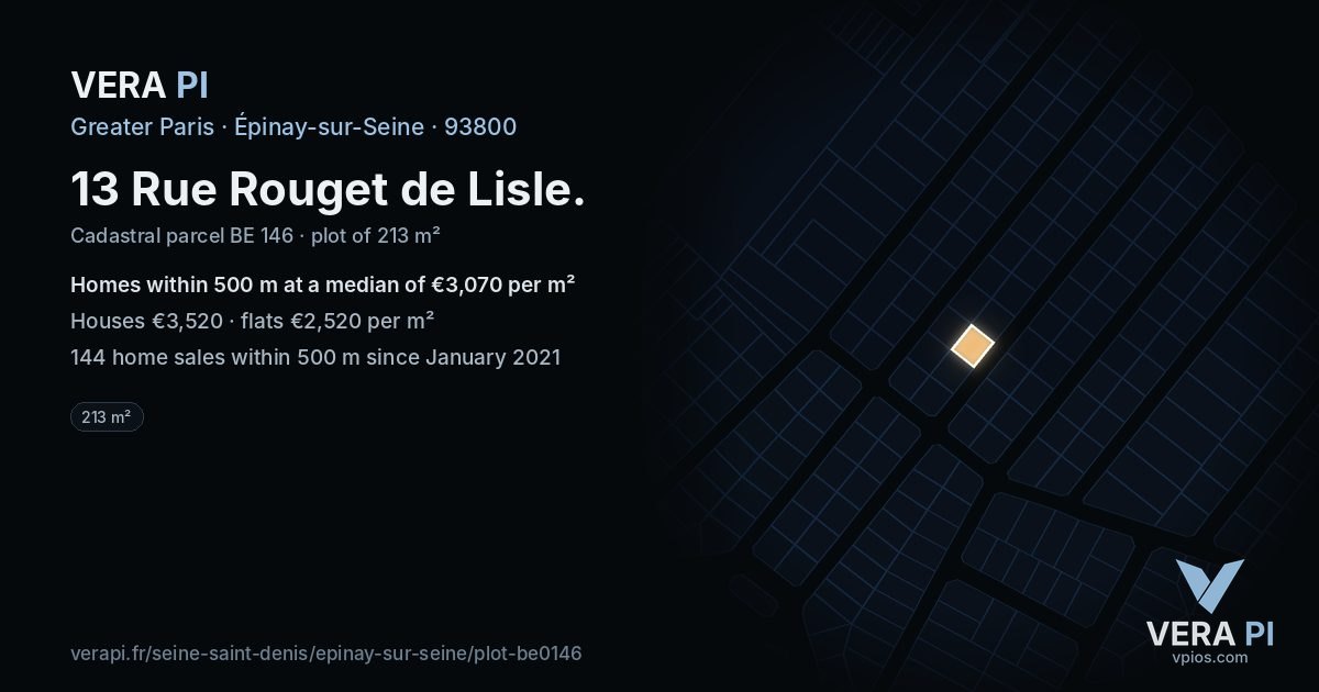 13 Rue Rouget de Lisle, Épinay-sur-Seine at night – the plot lit, the parcels around coloured by the prices near them