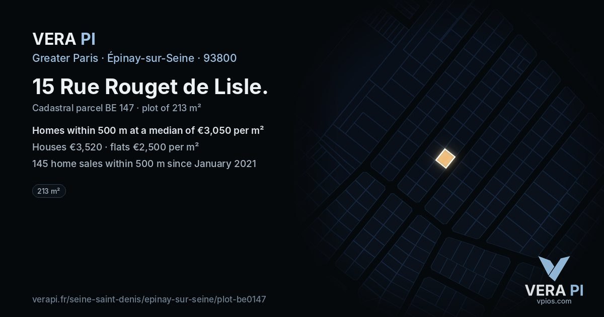 15 Rue Rouget de Lisle, Épinay-sur-Seine at night – the plot lit, the parcels around coloured by the prices near them