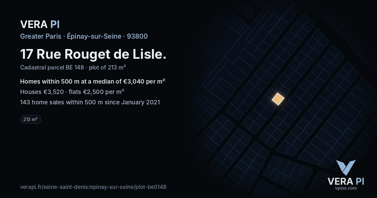 17 Rue Rouget de Lisle, Épinay-sur-Seine at night – the plot lit, the parcels around coloured by the prices near them