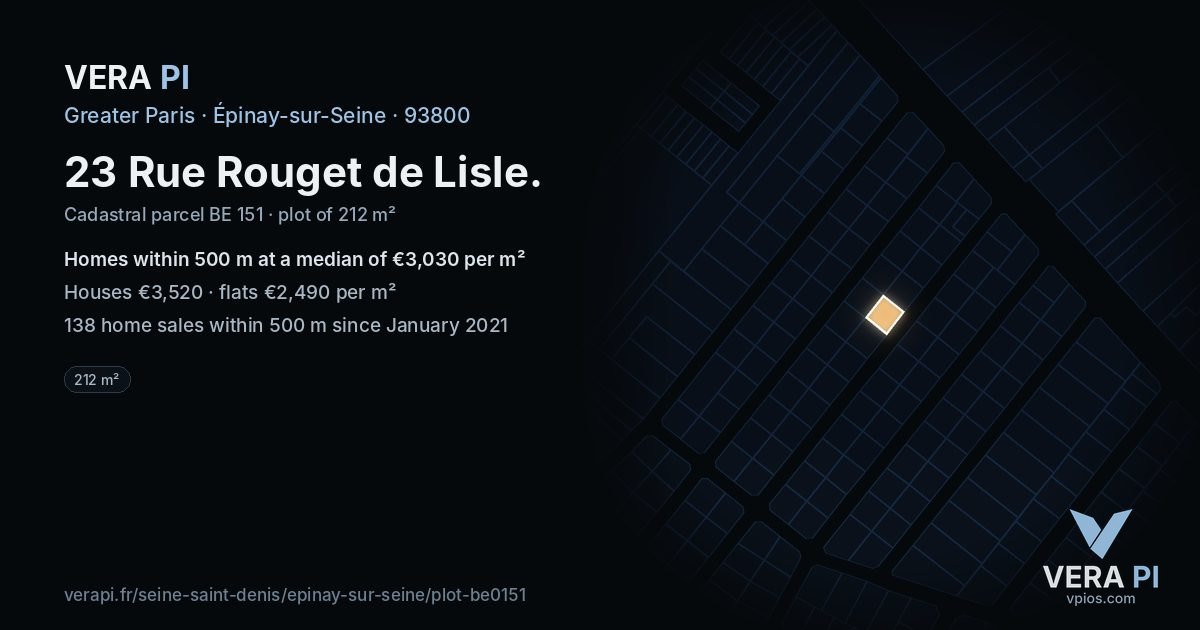 23 Rue Rouget de Lisle, Épinay-sur-Seine at night – the plot lit, the parcels around coloured by the prices near them