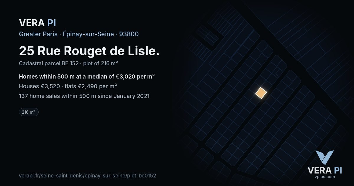 25 Rue Rouget de Lisle, Épinay-sur-Seine at night – the plot lit, the parcels around coloured by the prices near them
