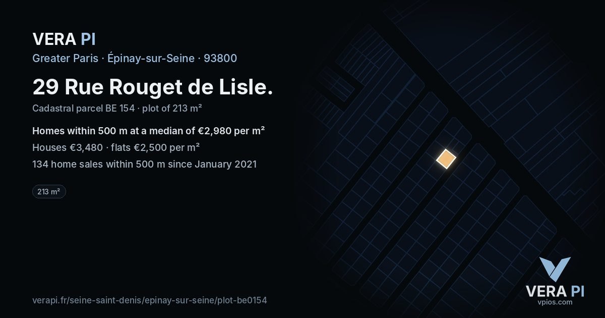 29 Rue Rouget de Lisle, Épinay-sur-Seine at night – the plot lit, the parcels around coloured by the prices near them