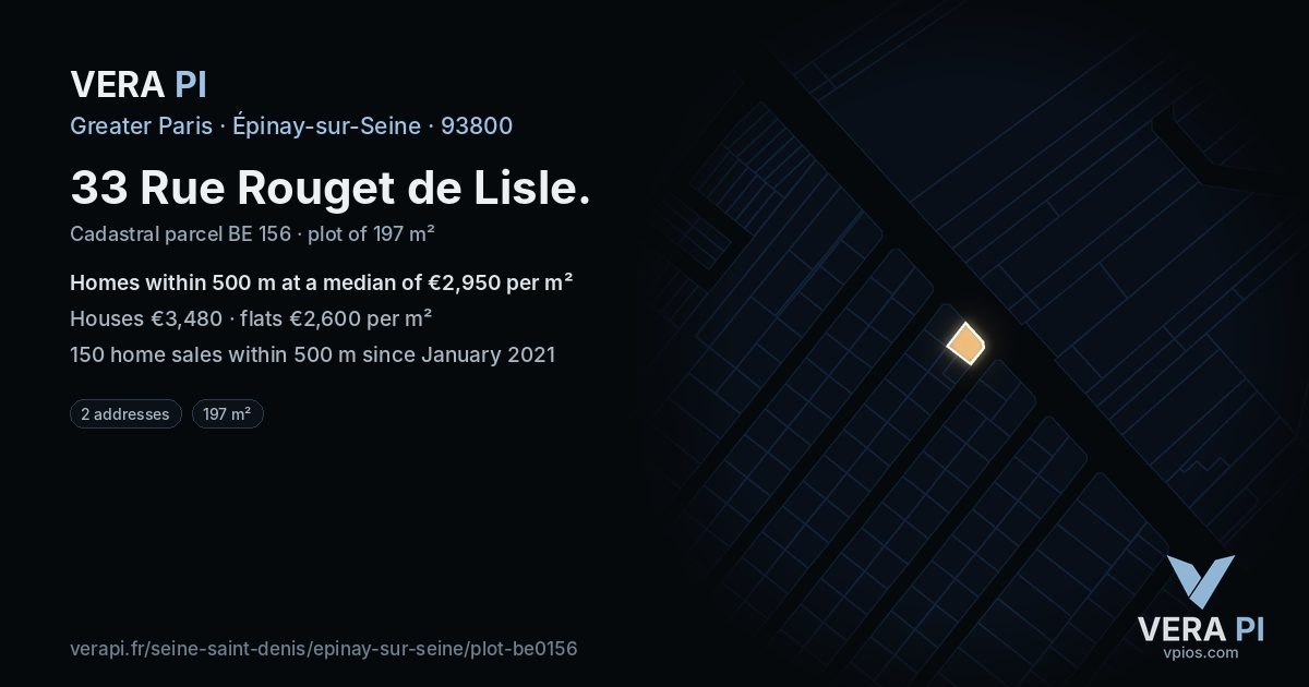 33 Rue Rouget de Lisle, Épinay-sur-Seine at night – the plot lit, the parcels around coloured by the prices near them