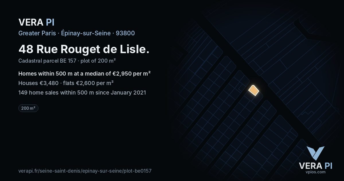 48 Rue Rouget de Lisle, Épinay-sur-Seine at night – the plot lit, the parcels around coloured by the prices near them
