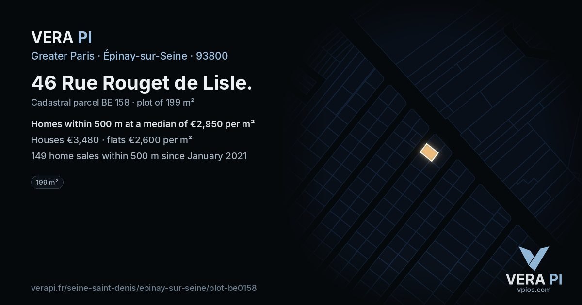 46 Rue Rouget de Lisle, Épinay-sur-Seine at night – the plot lit, the parcels around coloured by the prices near them