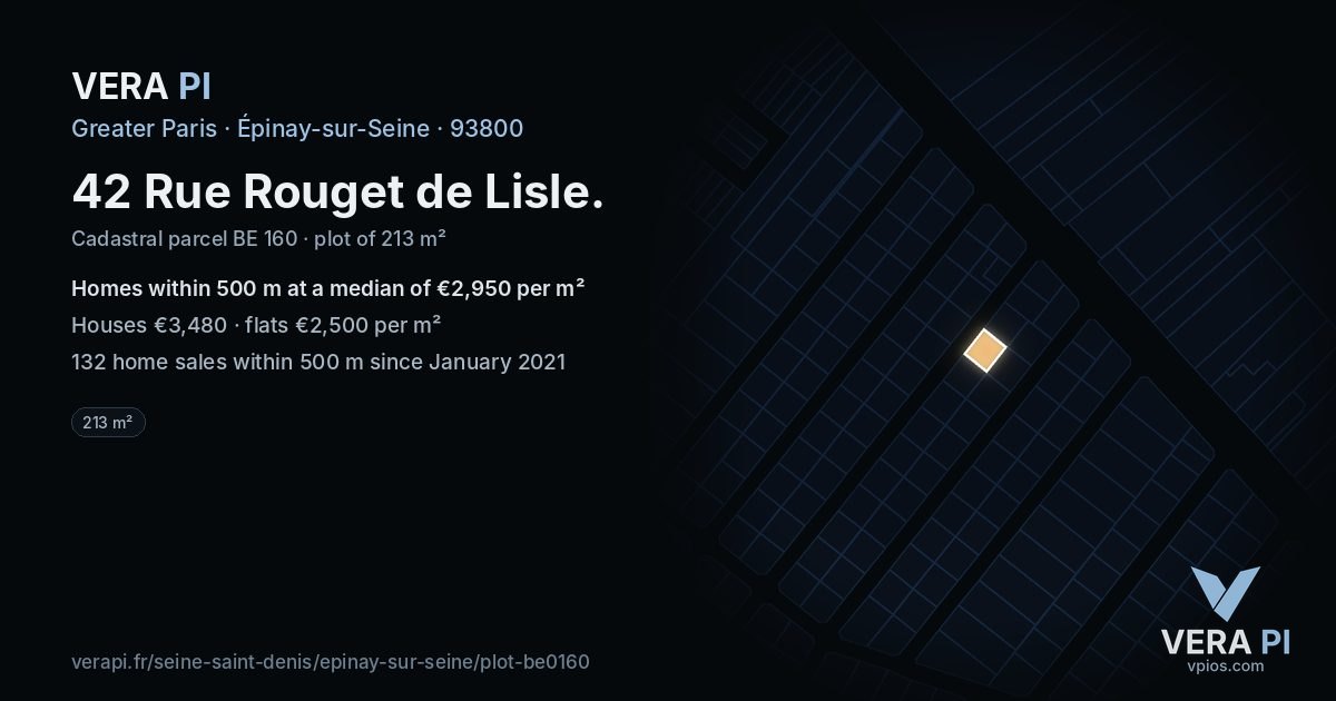 42 Rue Rouget de Lisle, Épinay-sur-Seine at night – the plot lit, the parcels around coloured by the prices near them