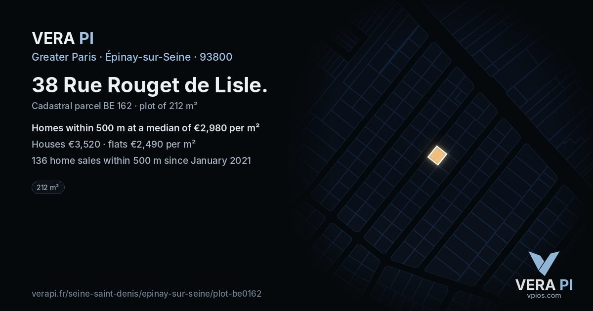 38 Rue Rouget de Lisle, Épinay-sur-Seine at night – the plot lit, the parcels around coloured by the prices near them