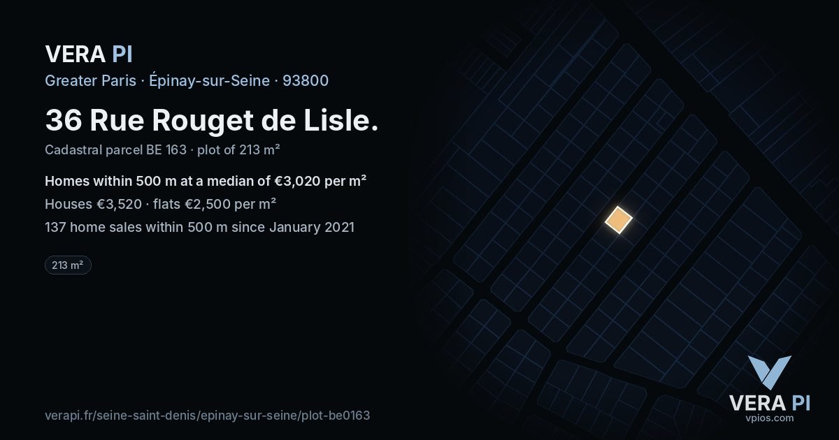 36 Rue Rouget de Lisle, Épinay-sur-Seine at night – the plot lit, the parcels around coloured by the prices near them