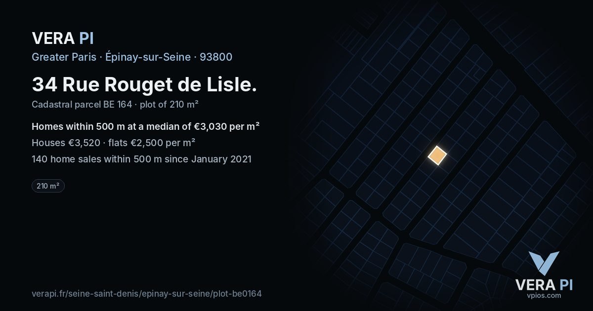 34 Rue Rouget de Lisle, Épinay-sur-Seine at night – the plot lit, the parcels around coloured by the prices near them