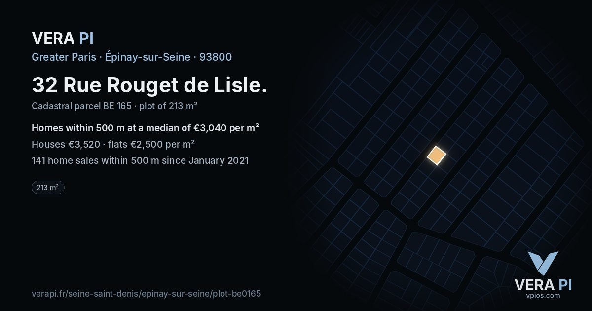 32 Rue Rouget de Lisle, Épinay-sur-Seine at night – the plot lit, the parcels around coloured by the prices near them