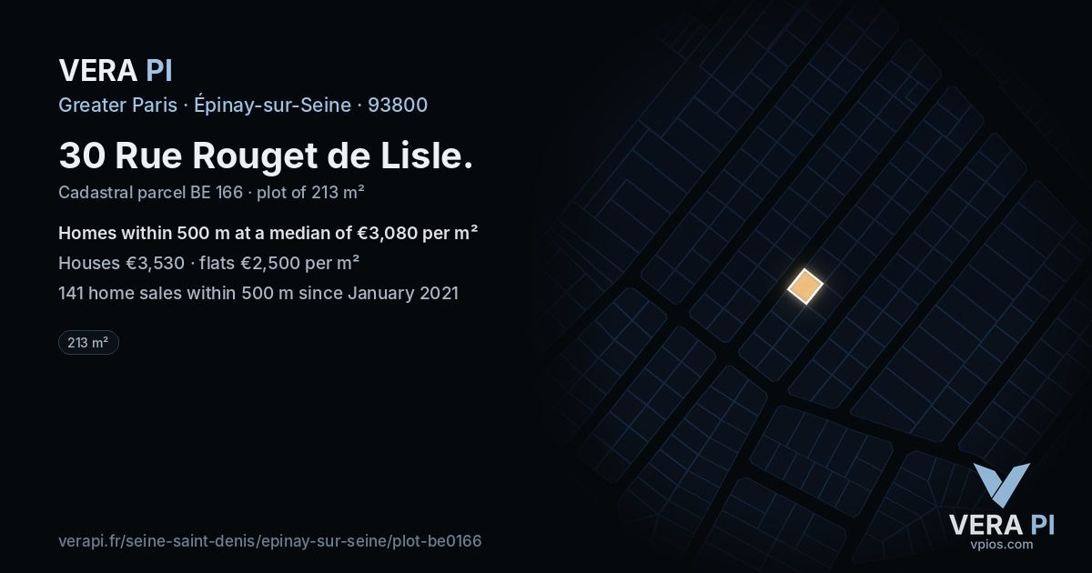 30 Rue Rouget de Lisle, Épinay-sur-Seine at night – the plot lit, the parcels around coloured by the prices near them