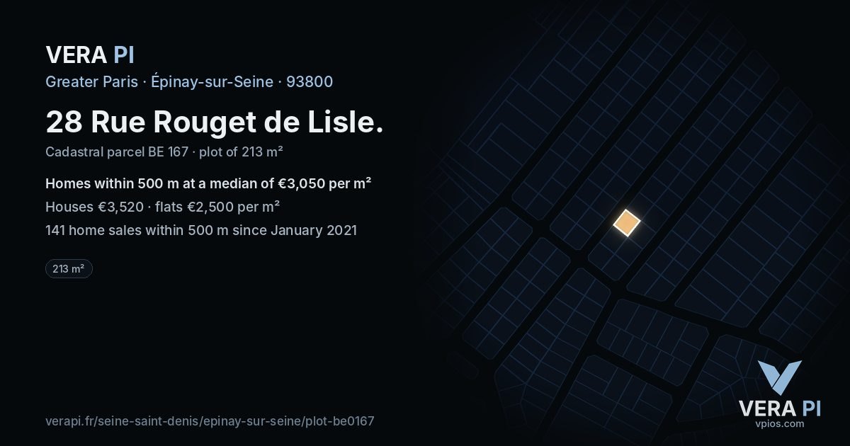 28 Rue Rouget de Lisle, Épinay-sur-Seine at night – the plot lit, the parcels around coloured by the prices near them