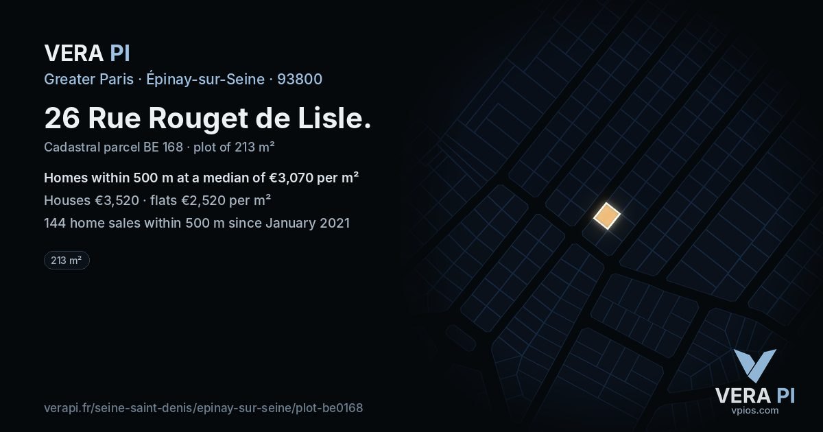 26 Rue Rouget de Lisle, Épinay-sur-Seine at night – the plot lit, the parcels around coloured by the prices near them