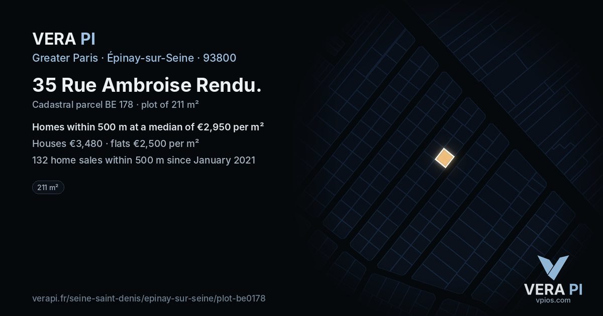 35 Rue Ambroise Rendu, Épinay-sur-Seine at night – the plot lit, the parcels around coloured by the prices near them