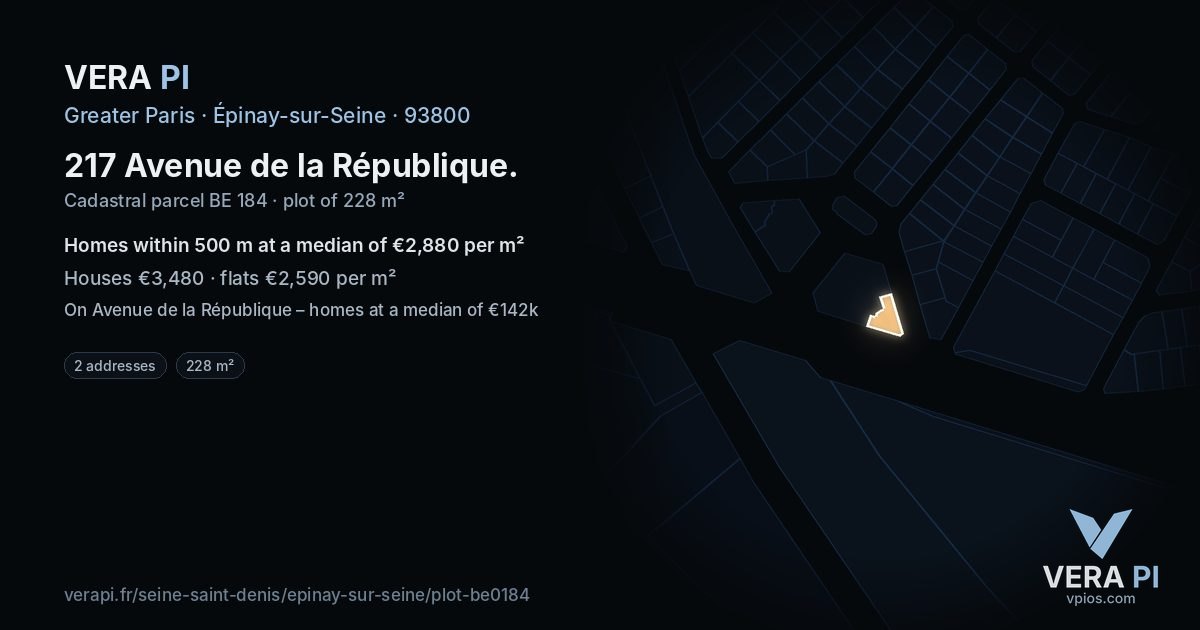 217 Avenue de la République, Épinay-sur-Seine at night – the plot lit, the parcels around coloured by the prices near them