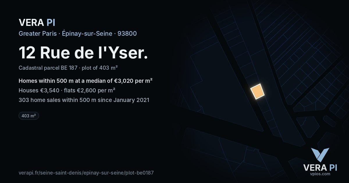 12 Rue de l'Yser, Épinay-sur-Seine at night – the plot lit, the parcels around coloured by the prices near them