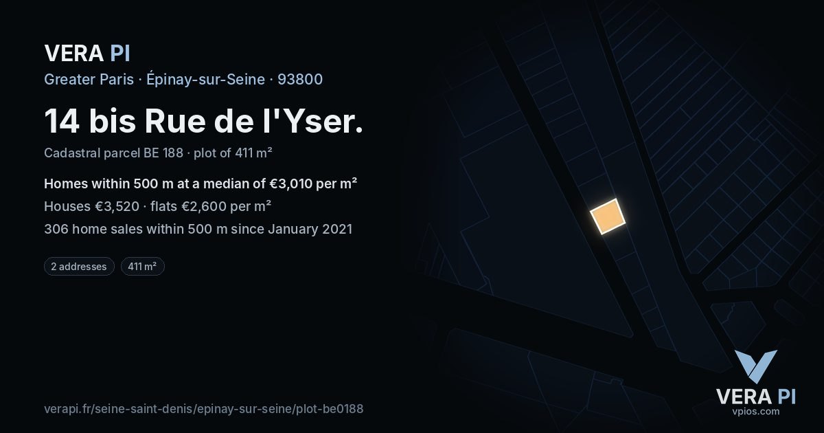 14 bis Rue de l'Yser, Épinay-sur-Seine at night – the plot lit, the parcels around coloured by the prices near them