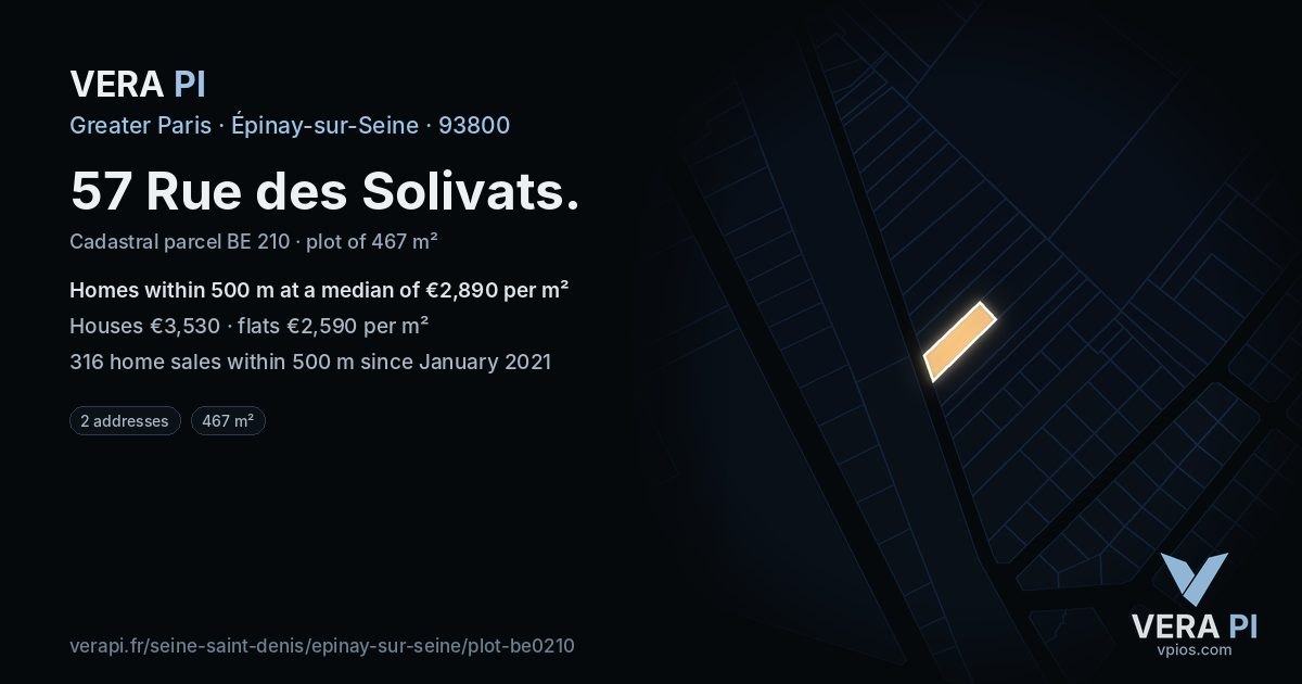 57 Rue des Solivats, Épinay-sur-Seine at night – the plot lit, the parcels around coloured by the prices near them