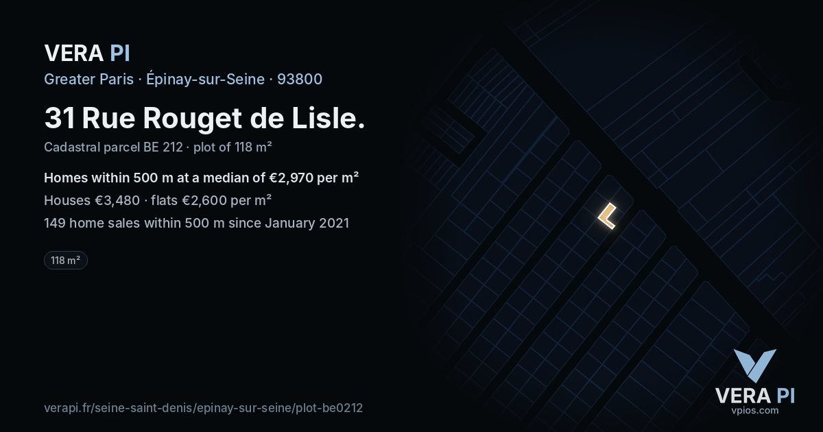 31 Rue Rouget de Lisle, Épinay-sur-Seine at night – the plot lit, the parcels around coloured by the prices near them