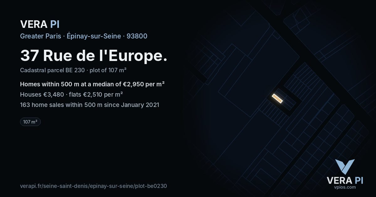 37 Rue de l'Europe, Épinay-sur-Seine at night – the plot lit, the parcels around coloured by the prices near them