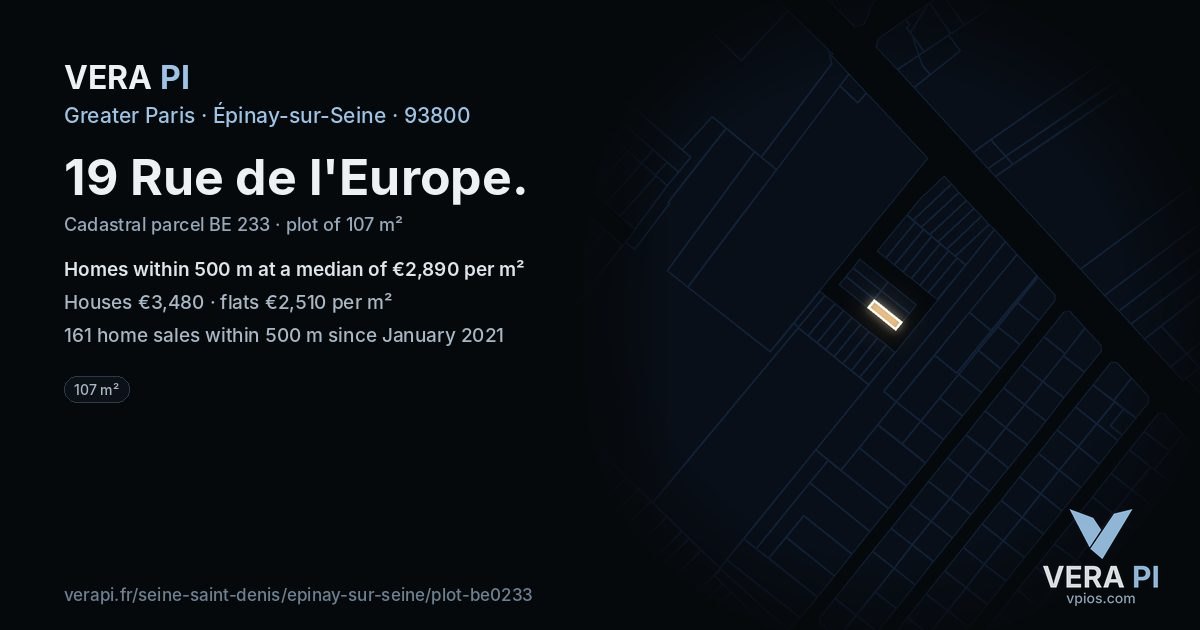 19 Rue de l'Europe, Épinay-sur-Seine at night – the plot lit, the parcels around coloured by the prices near them