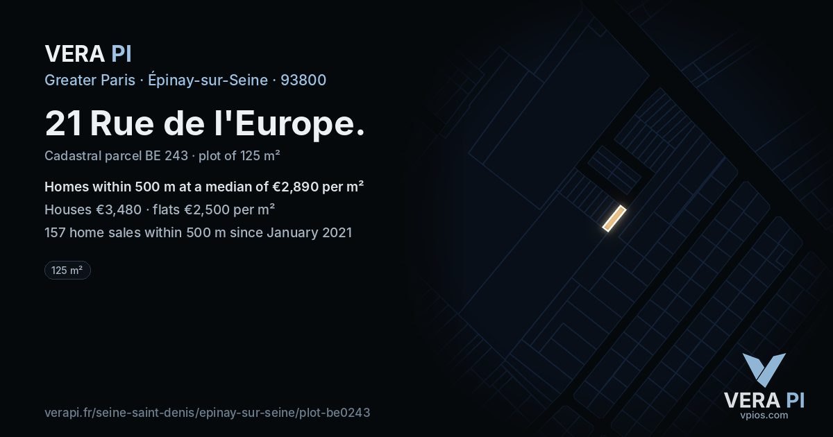 21 Rue de l'Europe, Épinay-sur-Seine at night – the plot lit, the parcels around coloured by the prices near them