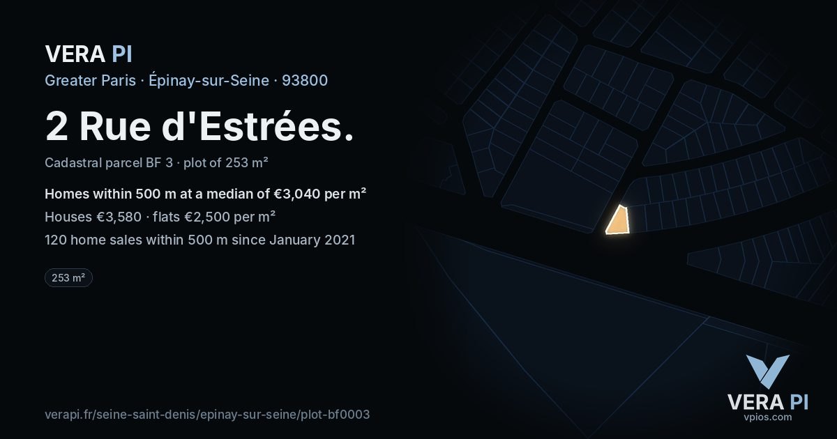 2 Rue d'Estrées, Épinay-sur-Seine at night – the plot lit, the parcels around coloured by the prices near them