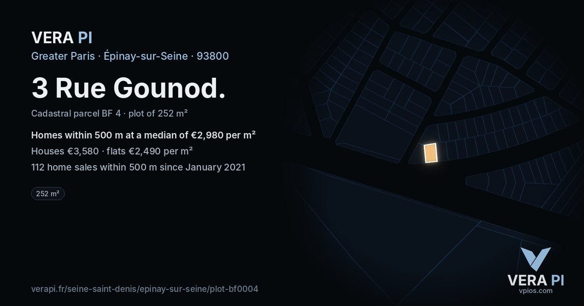 3 Rue Gounod, Épinay-sur-Seine at night – the plot lit, the parcels around coloured by the prices near them