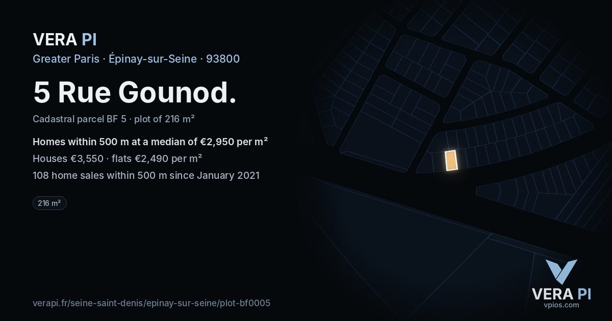 5 Rue Gounod, Épinay-sur-Seine at night – the plot lit, the parcels around coloured by the prices near them