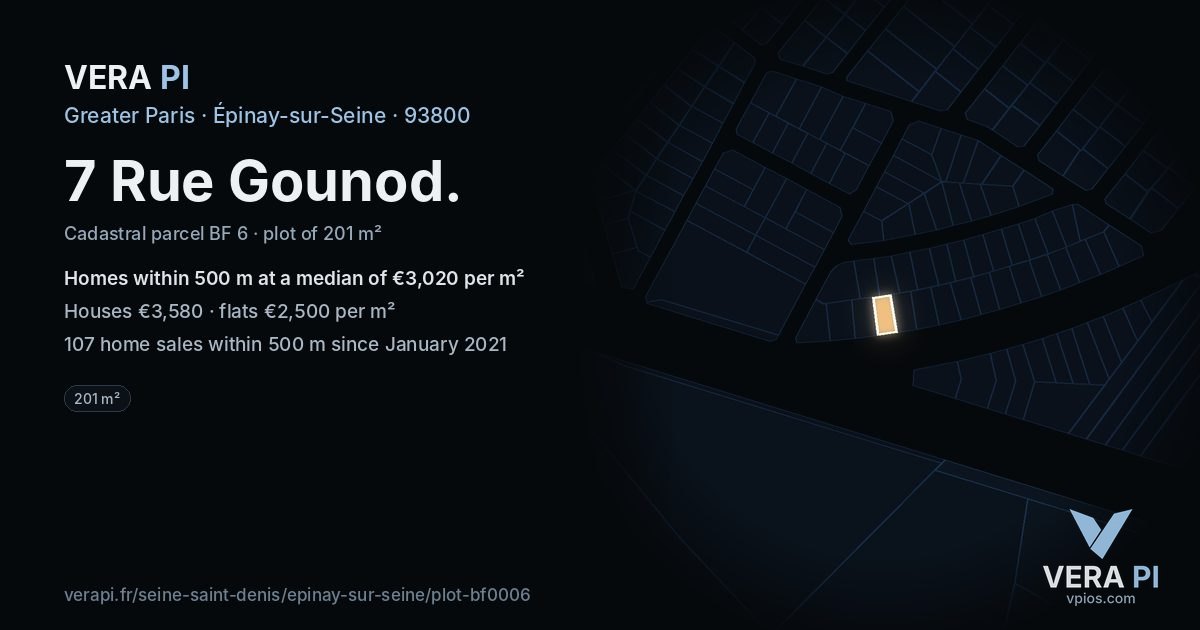 7 Rue Gounod, Épinay-sur-Seine at night – the plot lit, the parcels around coloured by the prices near them