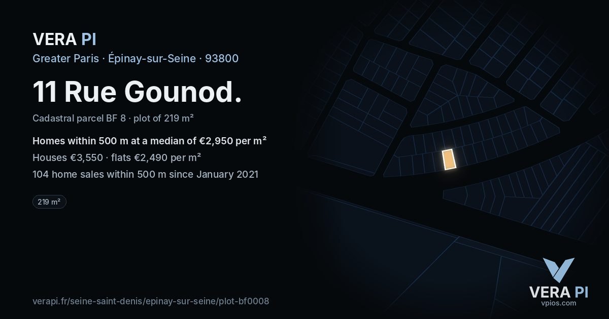11 Rue Gounod, Épinay-sur-Seine at night – the plot lit, the parcels around coloured by the prices near them
