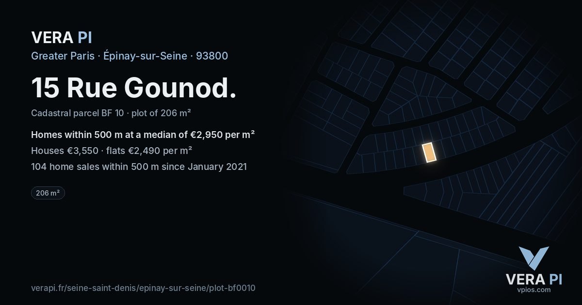 15 Rue Gounod, Épinay-sur-Seine at night – the plot lit, the parcels around coloured by the prices near them