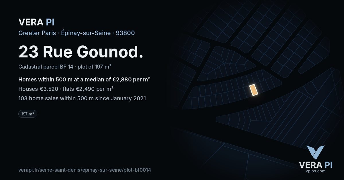 23 Rue Gounod, Épinay-sur-Seine at night – the plot lit, the parcels around coloured by the prices near them