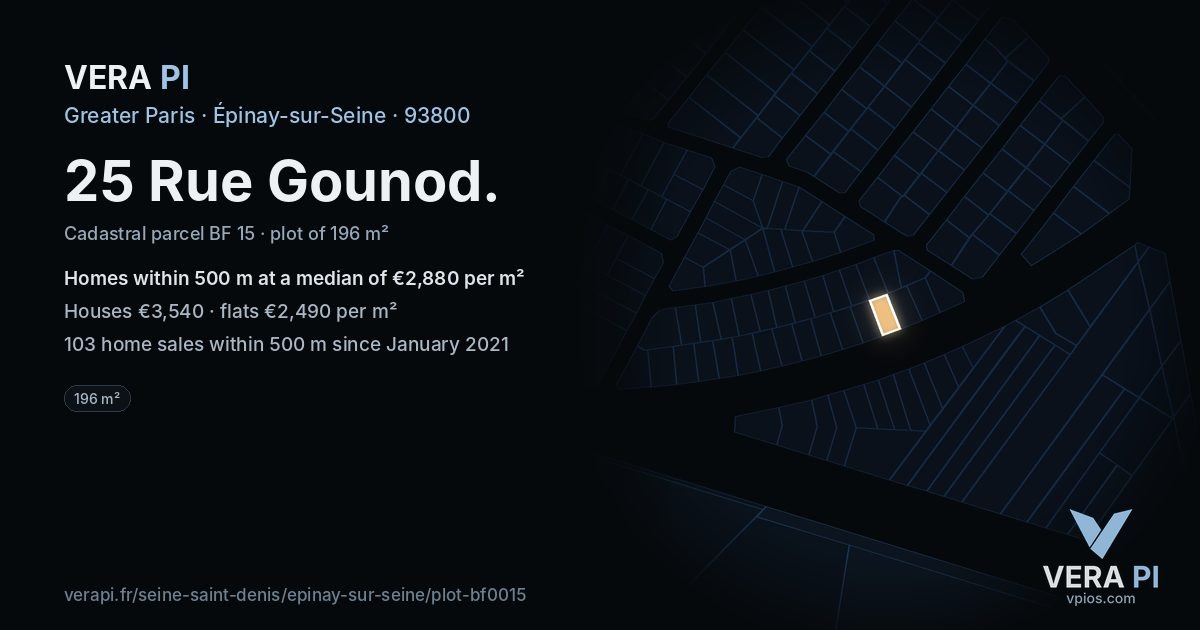25 Rue Gounod, Épinay-sur-Seine at night – the plot lit, the parcels around coloured by the prices near them